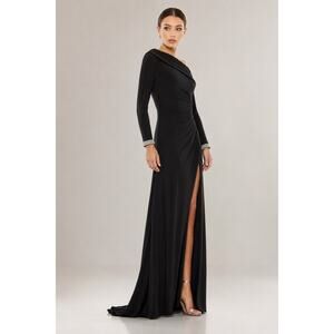 Mac Duggal One Shoulder Bewjewled Cuff Sleeve Gown Black Sz 4 Formal